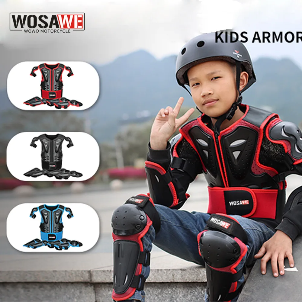 WOSAWE 5-10 years old Kids Full Body Armor motocross outfit Vest Sports 4WD Skateboard Skating Skiing Child Armor Gear Set