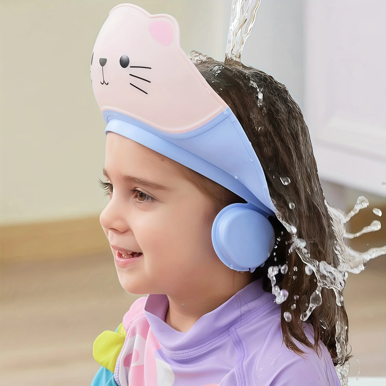 1PC Cute Cat Theme Baby Shower Cap - Adjustable Ear Flaps to Prevent Water Entry, Soft and Safe TPE Material, Multiple Color Options - Essential for Girls' and Boys' Bathrooms