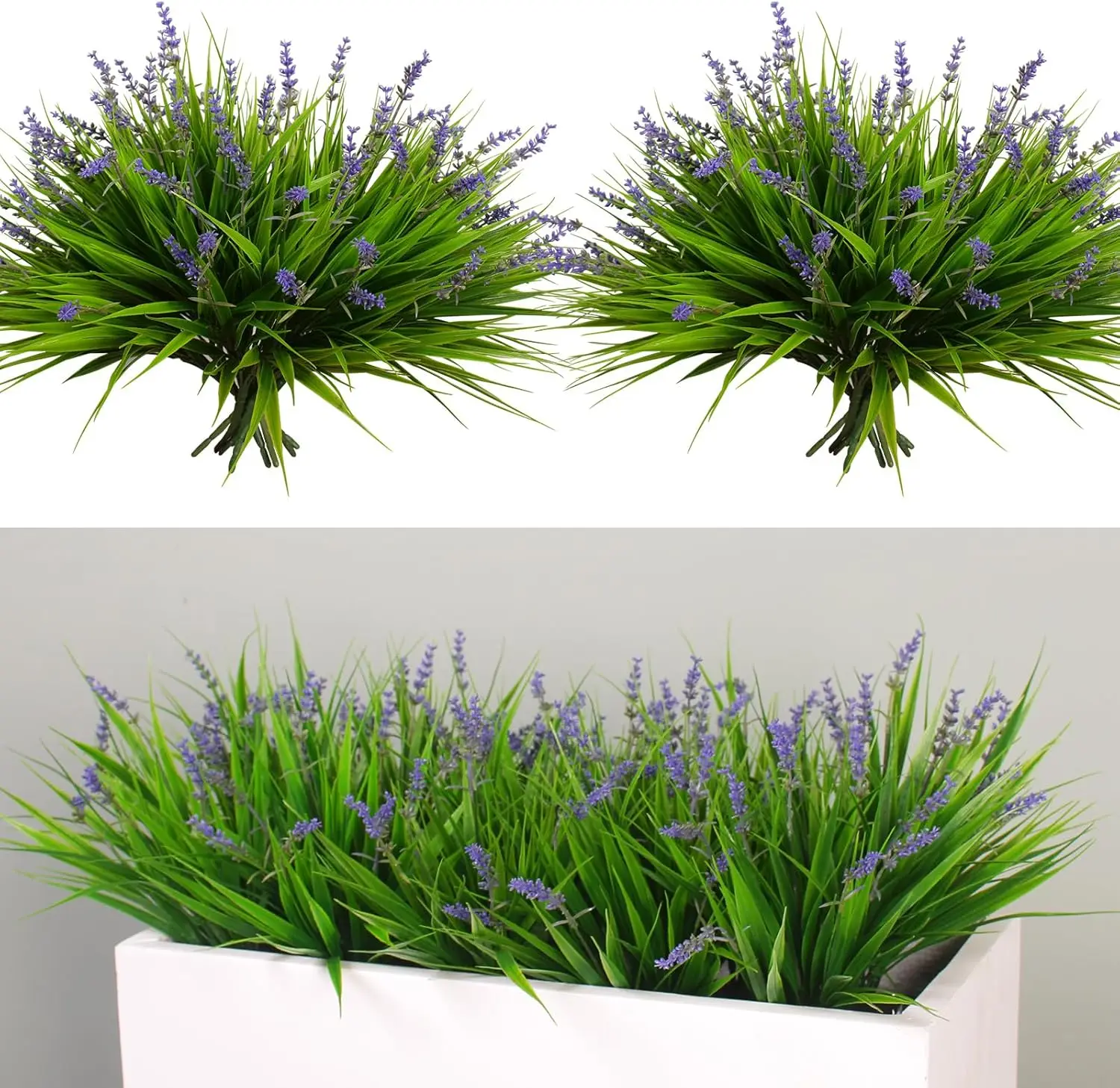 24 Bundles Artificial Plants Outdoor Green Fake Monkey Grass w/ Purple Flowers for Pot Garden Verandah Decor (Purple Flowers)