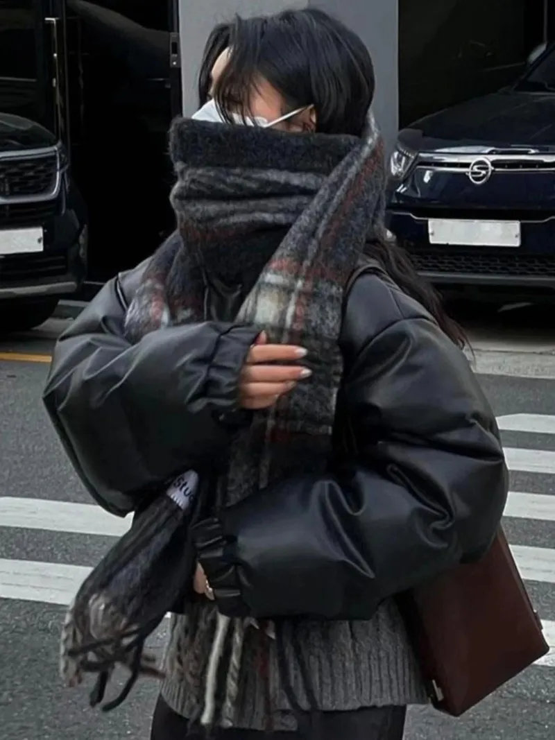 South Korea Stand Collar PU Leather Down Jacket Cotton-padded Clothes Outerwear Women 2024 Autumn and Winter Loose Slimming