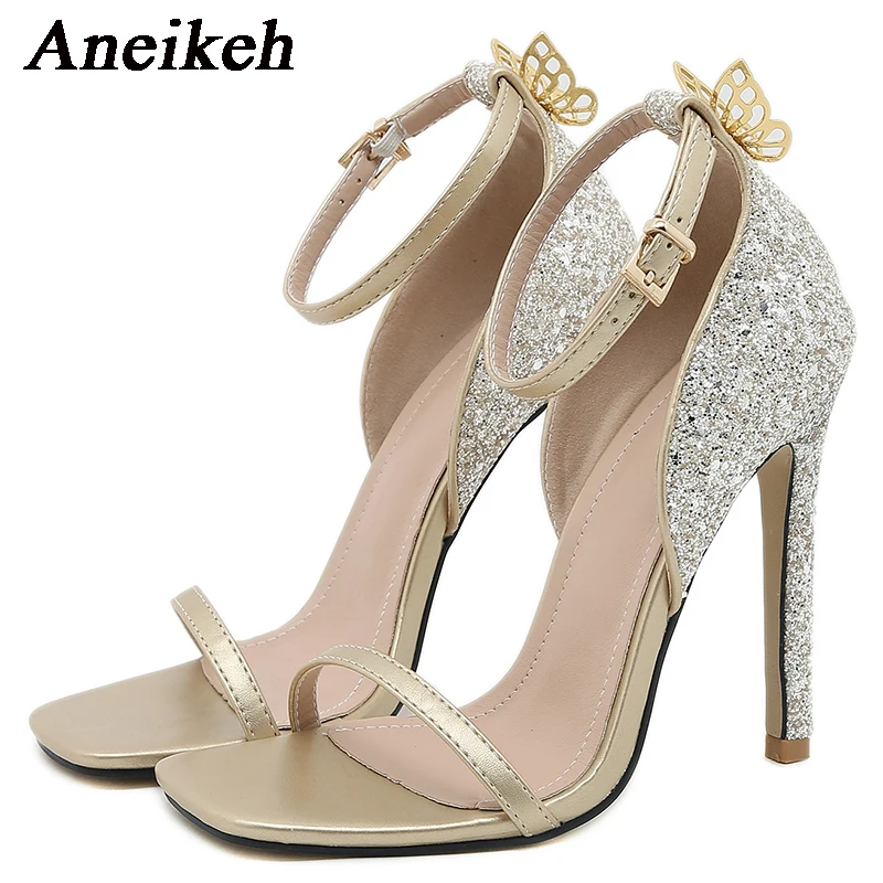 Aneikeh Gold Gradient Women Sandals Stiletto High Heel Delicate Butterfly Decor Ankle Buckle Strap Open Toe Party Prom Shoes