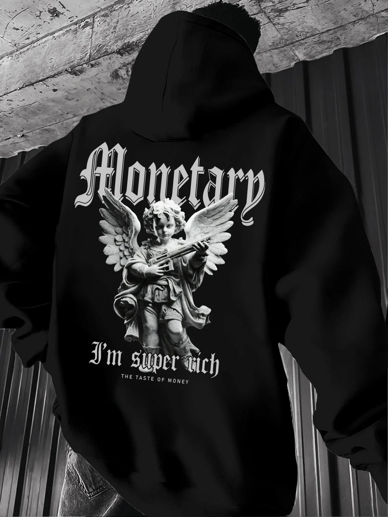 Men's Vintage Money & Gun Theme Hooded Sweatshirt - Urban Streetwear Pullover with Cash & Gun Graphics, Hoodie for Spring/Fall, Casual Outfits (Machine Washable, Regular Fit) - Brand Logo Street Style for Nights Out/Daily Wear