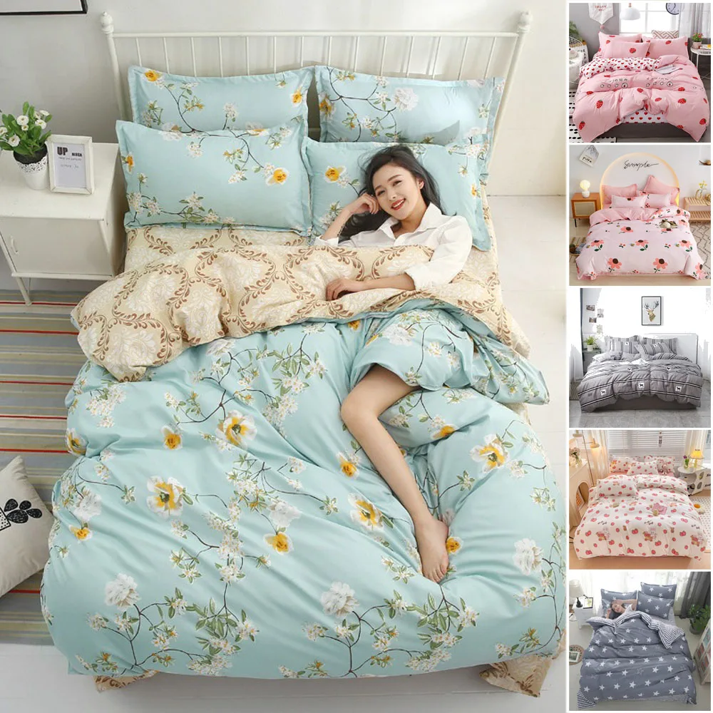 

4PCS Cartoon Plant Floral Print Pattern Bedding 1 Duvet Cover + 2Pillowcases+1bed Sheets NO Pillow Core Comfortable Bedding Set