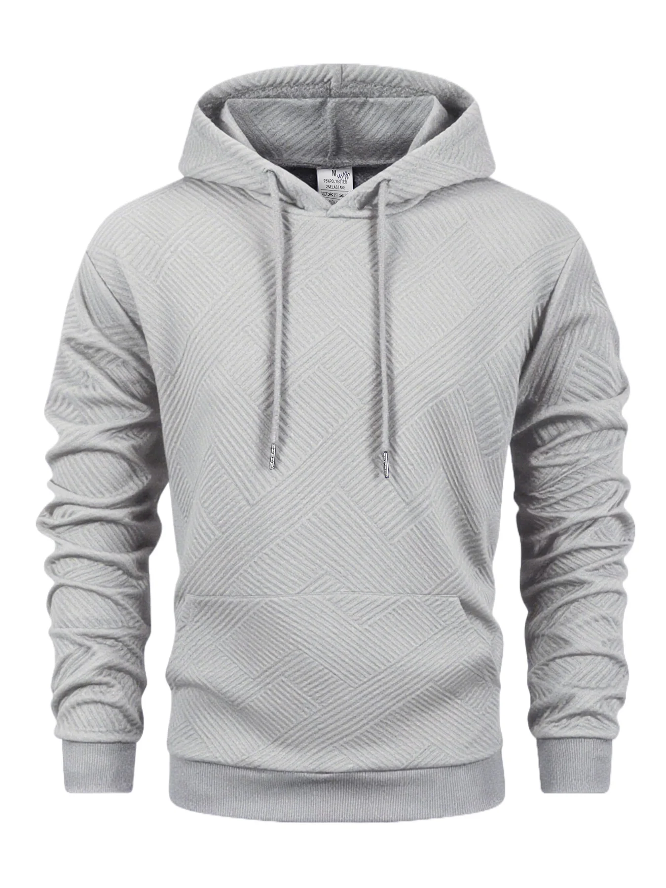Men's Pullover Hoodie 3D Geometric Embossed Drawstring Hood Metal Tips Kangaroo Pocket Ribbed Cuffs Casual Sporty Sweatshirt