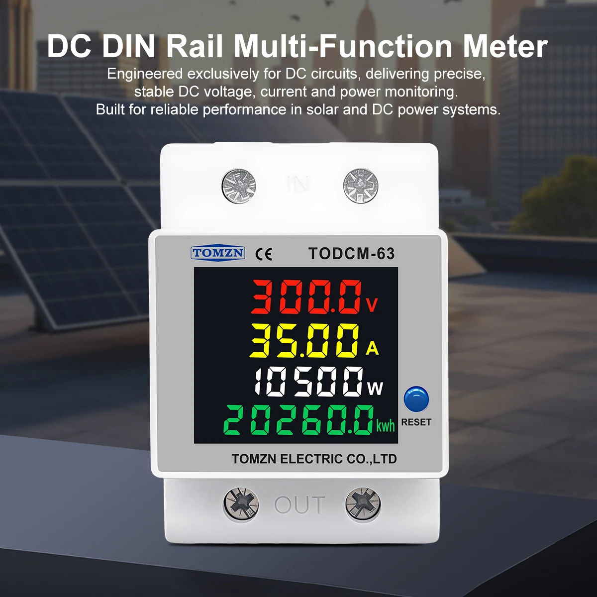 TOMZN DC Energy Meter 14-600V 63A DIN Rail Voltmeter Ammeter Power Watt Digital Meter 4IN1 Solar PV Power Monitor KWh Reset
