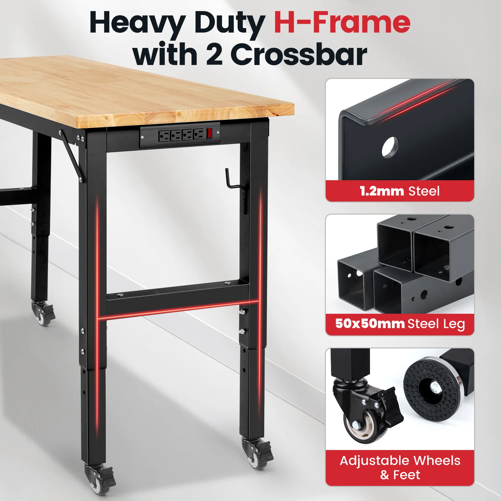 ENJOYWOOD 48" Workbench Garage Work Bench w/ Wheels Adjustable Height Work Bench w/  Pegboard Power Outlets Woodworking Table