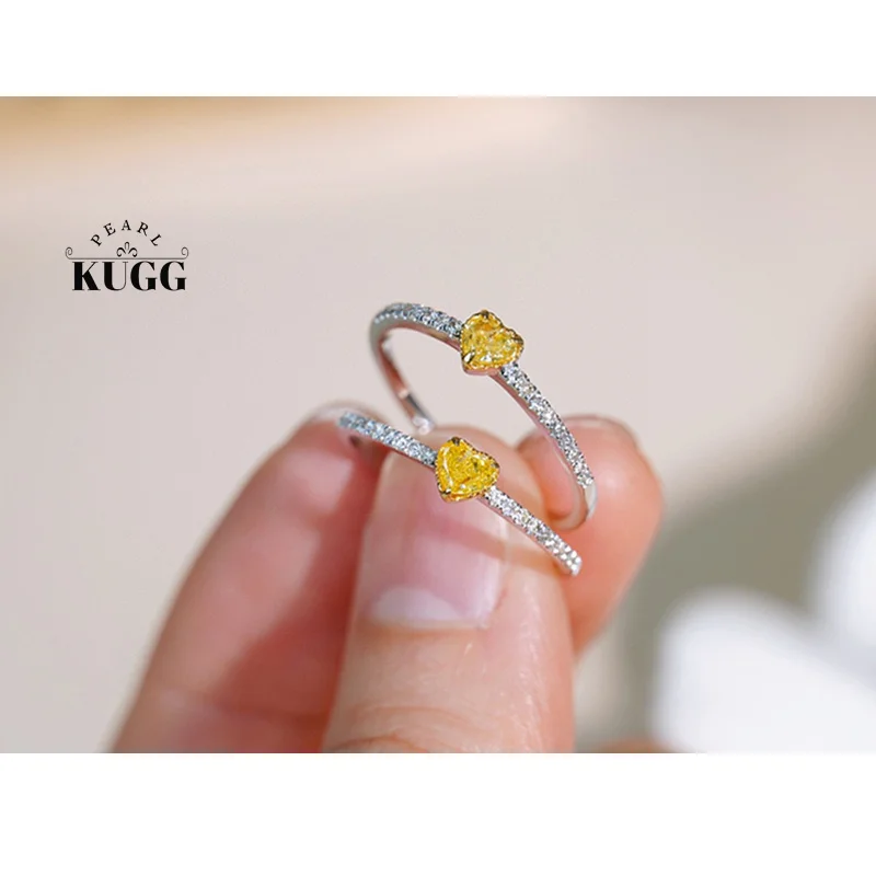 

KUGG 100% 18K White Gold Rings Romantic Heart Design Real Natural Yellow Diamond Engagement Ring for Women High Party Jewelry