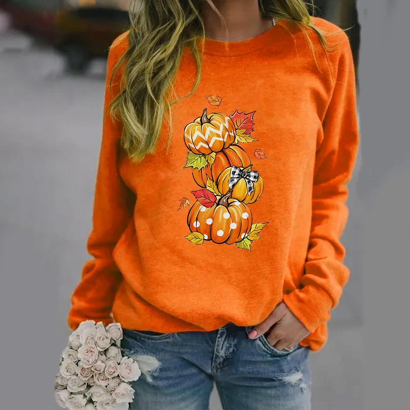 Women's Fall Pumpkin Pattern Harajuku Pullover Women's Thanksgiving Pumpkin Long Sleeve Crew Neck Sweater