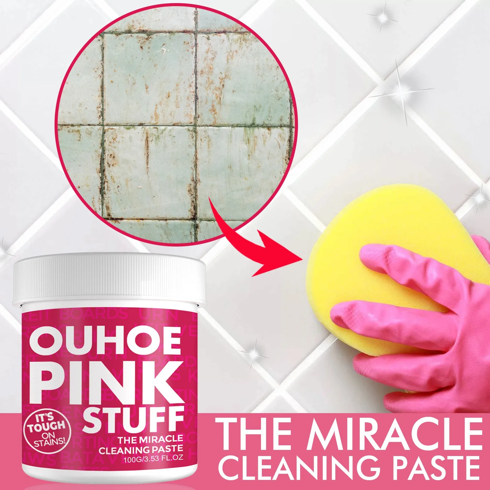 Mild multifunctional cleaning cream for home cleaning removes heavy oil stains from kitchen. General pink barreled cleaning powd