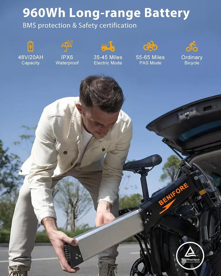 Folding Electric Bike for Adults, 2 Seater Ebike Designed | 48V20Ah Battery 35MPH 65 Miles, 20*4 Inch Fat Off Road Tire Folding Ebikes with NFC Unlock & UL Certificated image 3