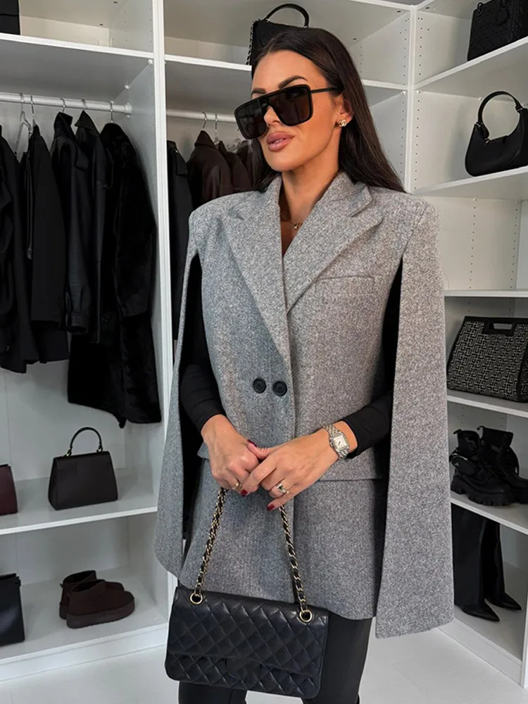 New Classic Grey Woolen Cape Suit Jacket For Women Fashion Lapel Collar Double-breasted Cloak Coat Female Commute Outwear 2024