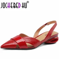 【JOCHEBED HU】Brand Genuine Leather Sandals Pointed Toe Low Heel Women's Shoes Summer Party Dress Silver Red Footwear 34-42