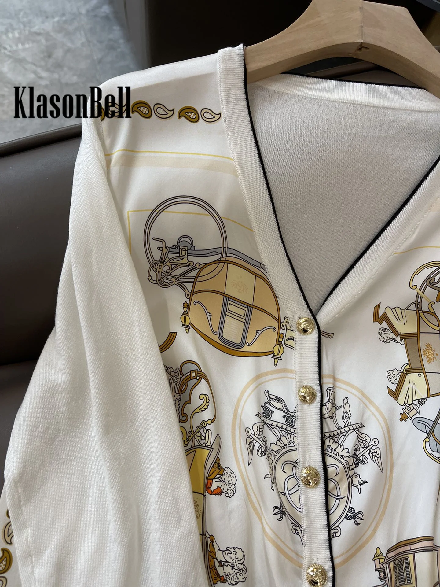 3.7 KlasonBell 2024 New Silk Print Spliced V-Neck Gold Button Loose Thin Knitted Cardigan Coat Women