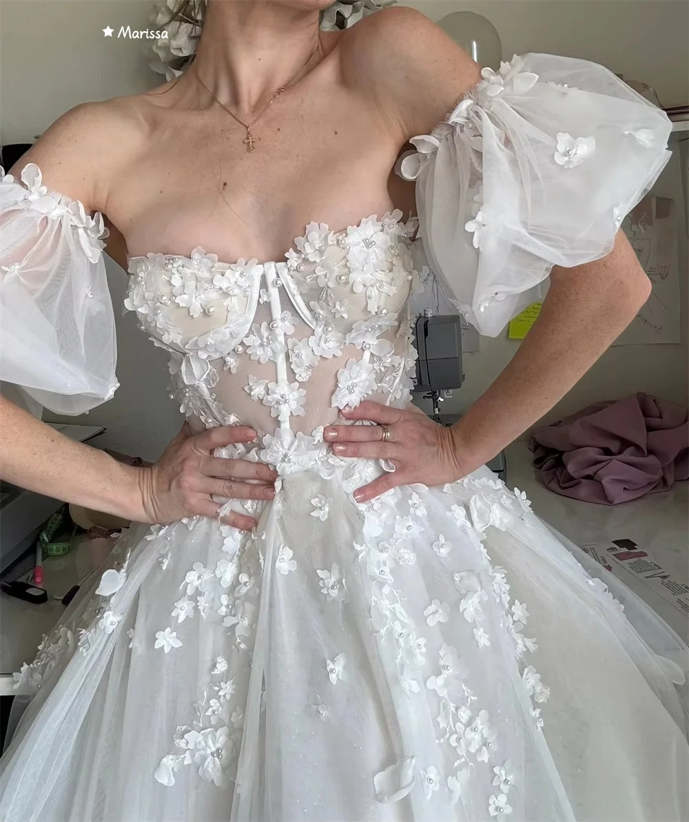 Marissa a 라인 Tulle 우아한 가운 이브닝 가운 3D 작은 꽃 우아한 롱 드레스 맞춤 제작 오프 숄더 탈착식 슬리브