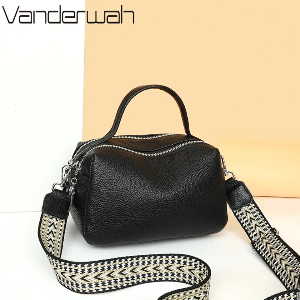 

Genuine Leather Women Shoulder Bag Top Grain Cow Leather Handbags with Wide Strap Cowhide Crossbody Bags for Women 2 Layers Sac