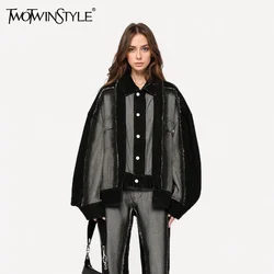 TWOTWINSTYLE Streetwear Designer Spliced Button Coats For Women Lapel Long Sleeve Colorblock Loose Casual Jacket Female Style