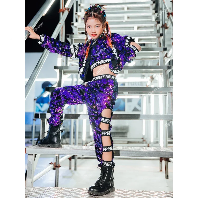 Children Girls Purple Sequin Hip Hop Set Street Dance Performance Clothing Jazz Costume Stage Dancing Wear Flared Sleeve Clothes