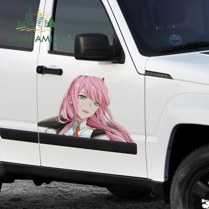 EARLFAMILY 43cm x 26.8cm For Zero Two Funny Car Accessories Stickers Anime Decal Campervan Graffiti Personality Creative Decor