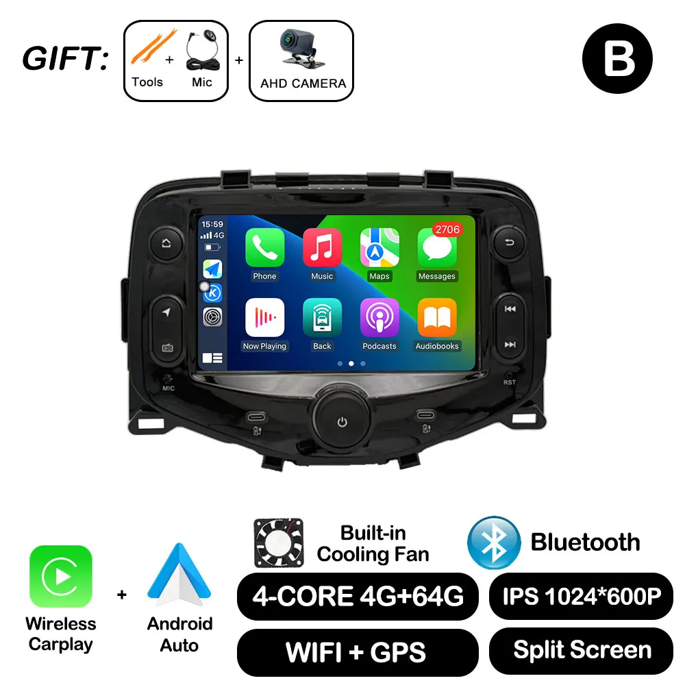 Android Auto for Toyota Aygo Peugeot 108 Citroen C1 2014 - 2021 Autoradio Car Radio Multimedia Player Carplay GPS Navi DSP