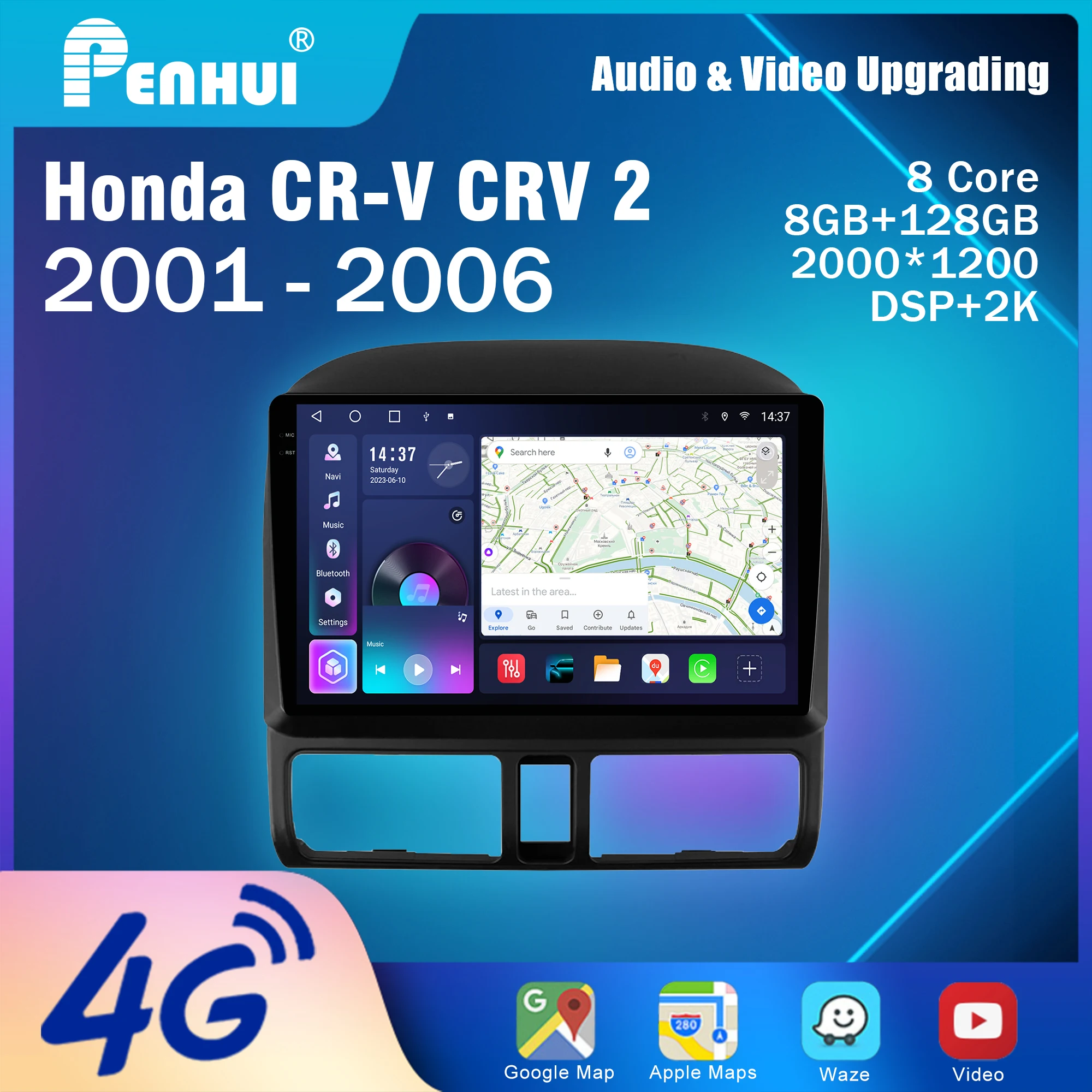 Penhui Android Car DVD Player 2 Din for Honda CR-V CRV 2 2001-2006 Multimedia Screen with DSP, Bluetooth, Audio & CarPlay