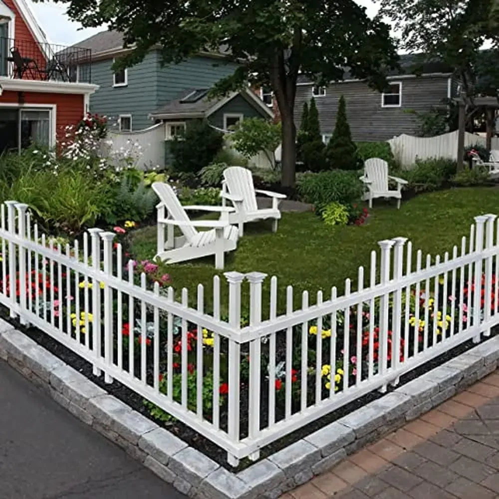 

No-Dig White Vinyl Picket Fence Kit 2.5 ft. H x 3.5 ft. W Border Garden Yard Panels Gate Compatible Pets Friendly Eco-Friendly