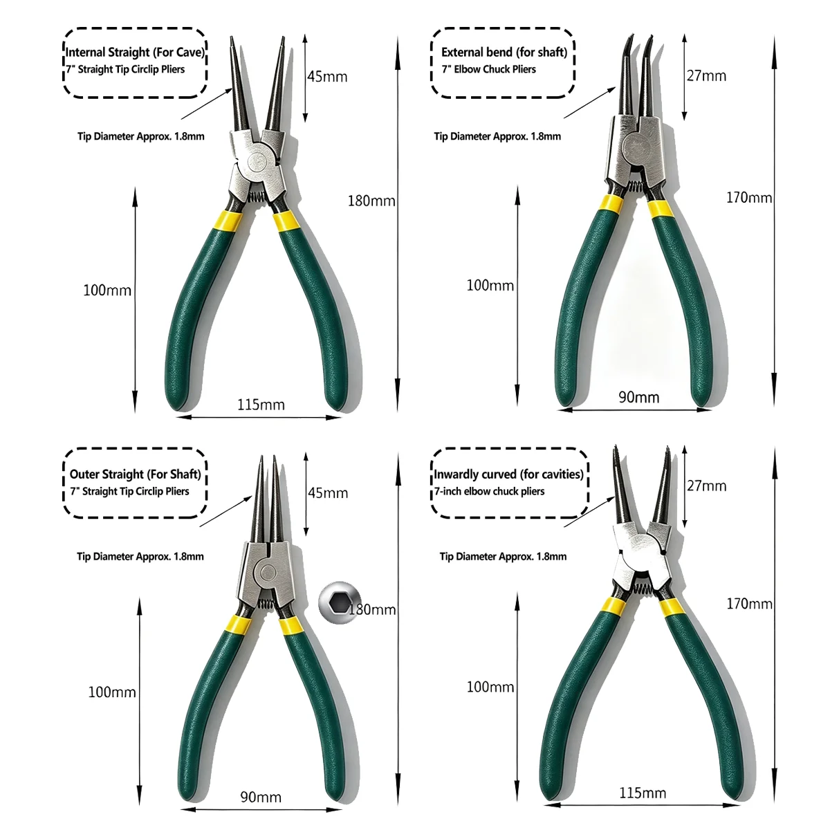 4Pcs Circlip Plier Set 7'' Long Nose Plier Staight Bent Plier Inner Outer Staight Bent Plier Retaining Snap Ring Remover Tool