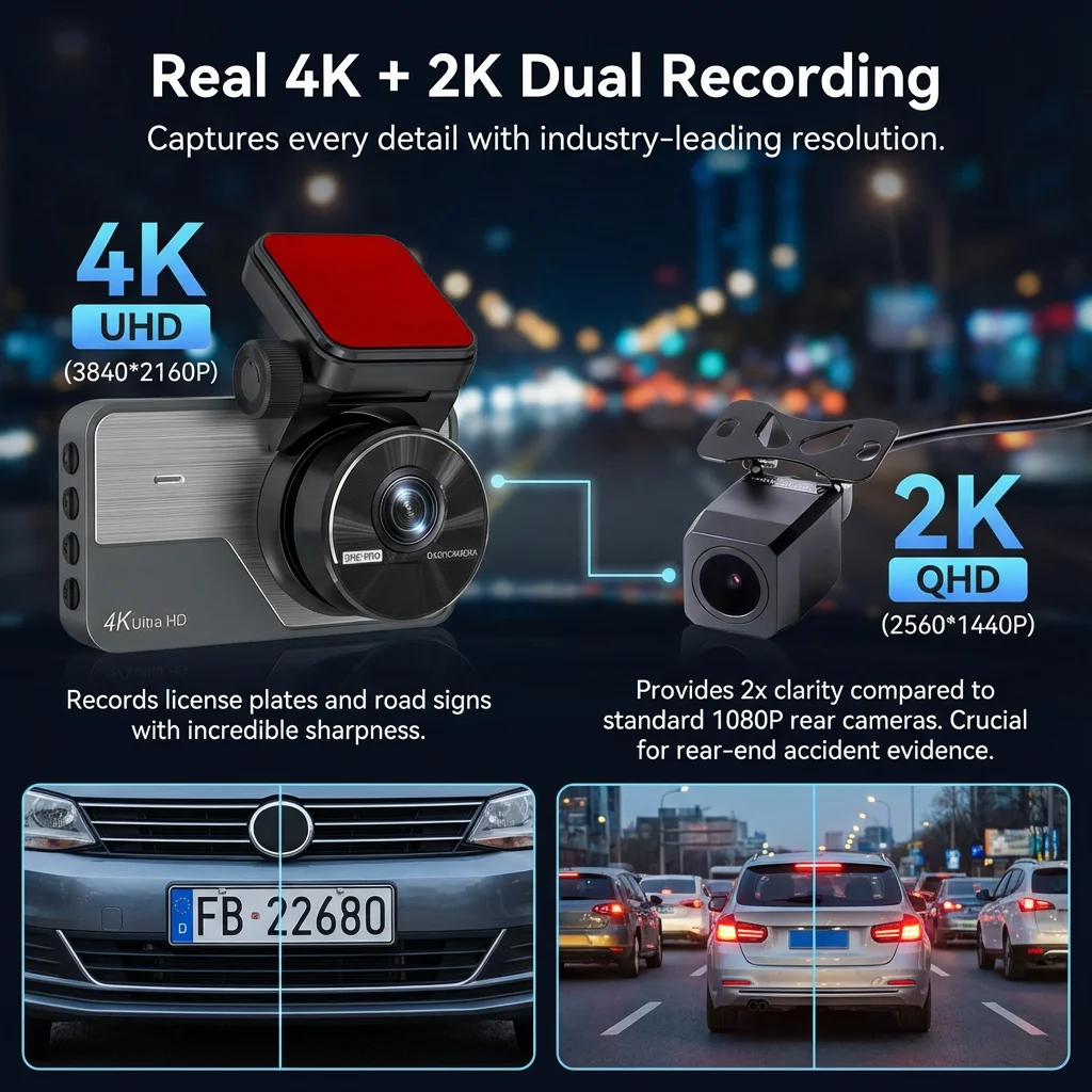 UHD 4K WiFi Dash Cam Car Recorder Front and Rear 2K Dual Camera View 170° Wide Angle G-Sensor Loop Recording 24H Parking Mode