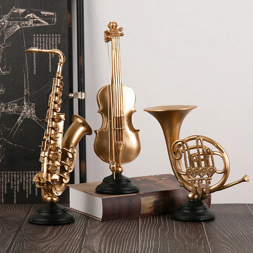 Resin Handicraft Musical Instrument Golden VIOLIN Saxophone Artwork Decorative Figurines Home Decoration Accessories