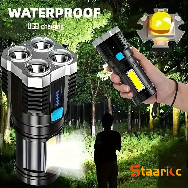 4LED Camping Torch Flashlight High Power Rechargeable USB Spotlight Zoom Lantern Built-in Battery For Fishing Outdoor Waterproof