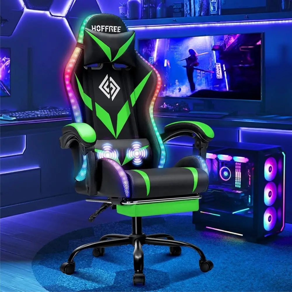 RGB Gaming Chair with LED Lights Massage Ergonomic Game Chairs or Adults High Back Reclining Computer Chair with ootrest Video G