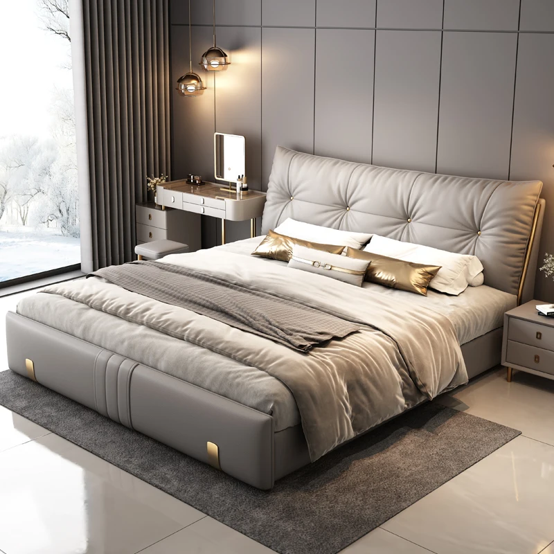 Gray Leather Double Bed Luxury Backrest Queen Floor Storage Bedroom Beds King Lift Modern Adults Camas De Dormitorio Furniture