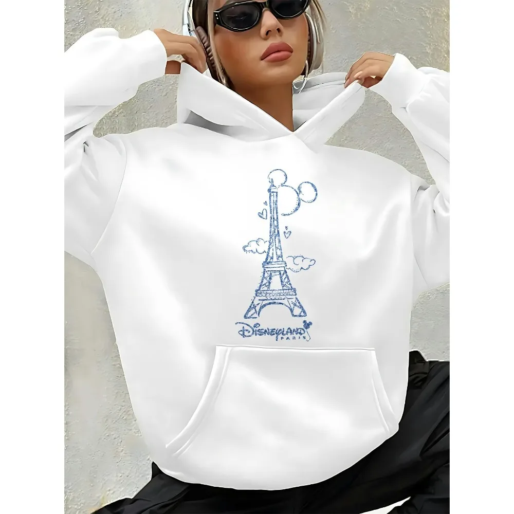 Sweat à capuche en coton pour femme, château de la tour Eiffel Disney, Mickey Mouse, haut chaud, noir et blanc, superbe Match, automne/hiver