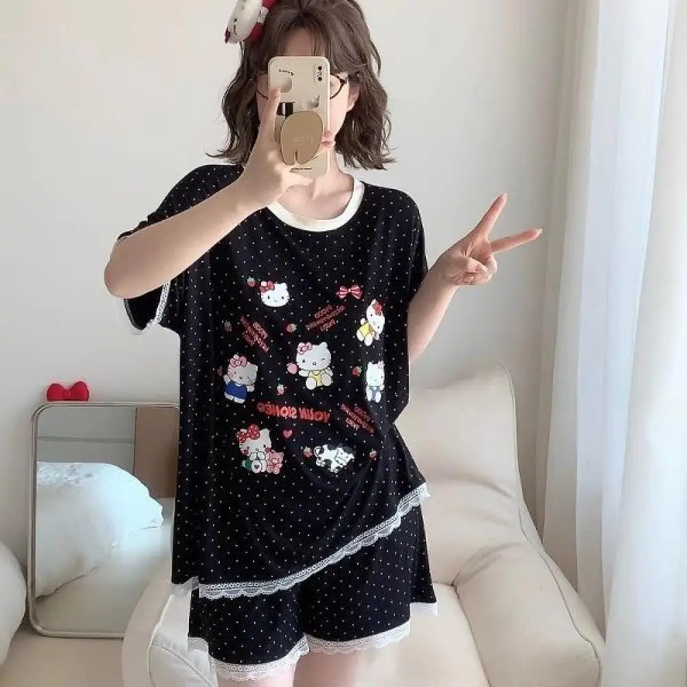 

Cartoon Summer Girls Pajamas Suit Kawaii Sanrios Hello Kitty Short Sleeve Tops Shorts Cute Sweet Student Girls Loose Homewear