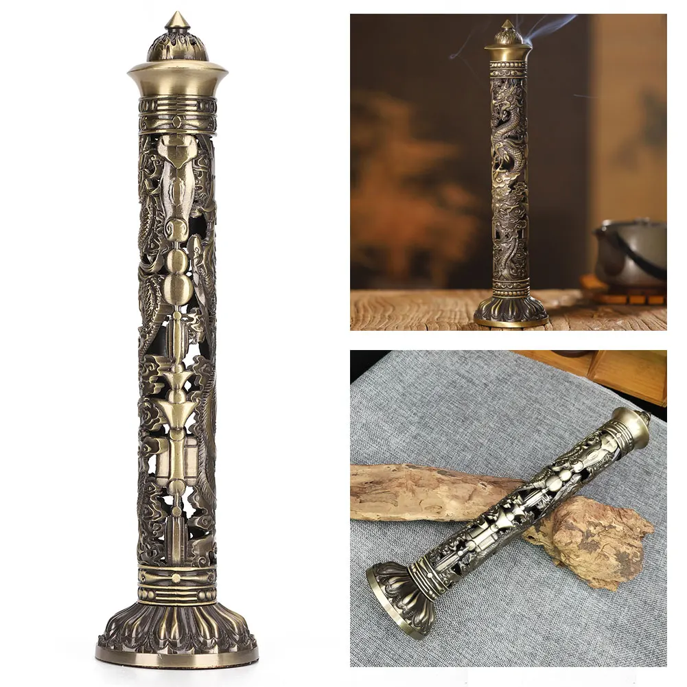 Räucherstäbchenhalter in Bronzeoptik mit Drachen- und Phönix-Relief, Dekorative Ornamente für Teezimmer, Vertikaler Räucherstäbchenständer