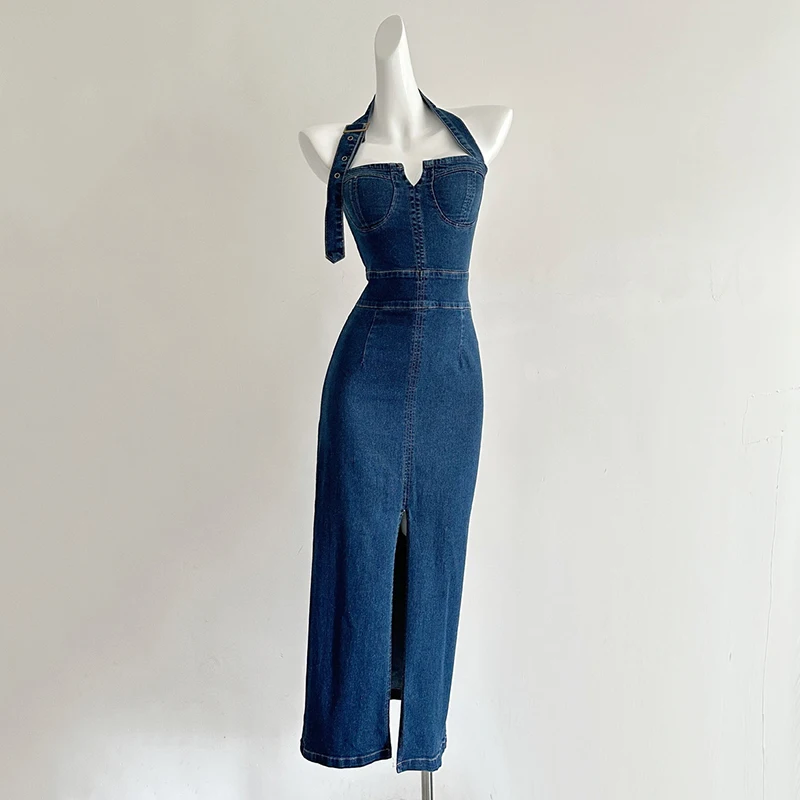 

Модные джинсовые платья с лямкой на шее, женские повседневные платья миди без рукавов с разрезом и карманами на груди, джинсовые платья, оптовая продажа, дропшиппинг