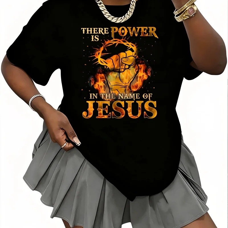 There Is Power in the Name of Jesus - Christian Quote Women's 100% Cotton T-Shirt Fun Print Short Sleeve Top Casual Round Neck Tee S-5Xl