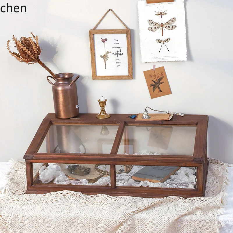 PYH retro minimalist light luxury solid wood display cabinet with glass, figurine, vanity, and jewelry storage