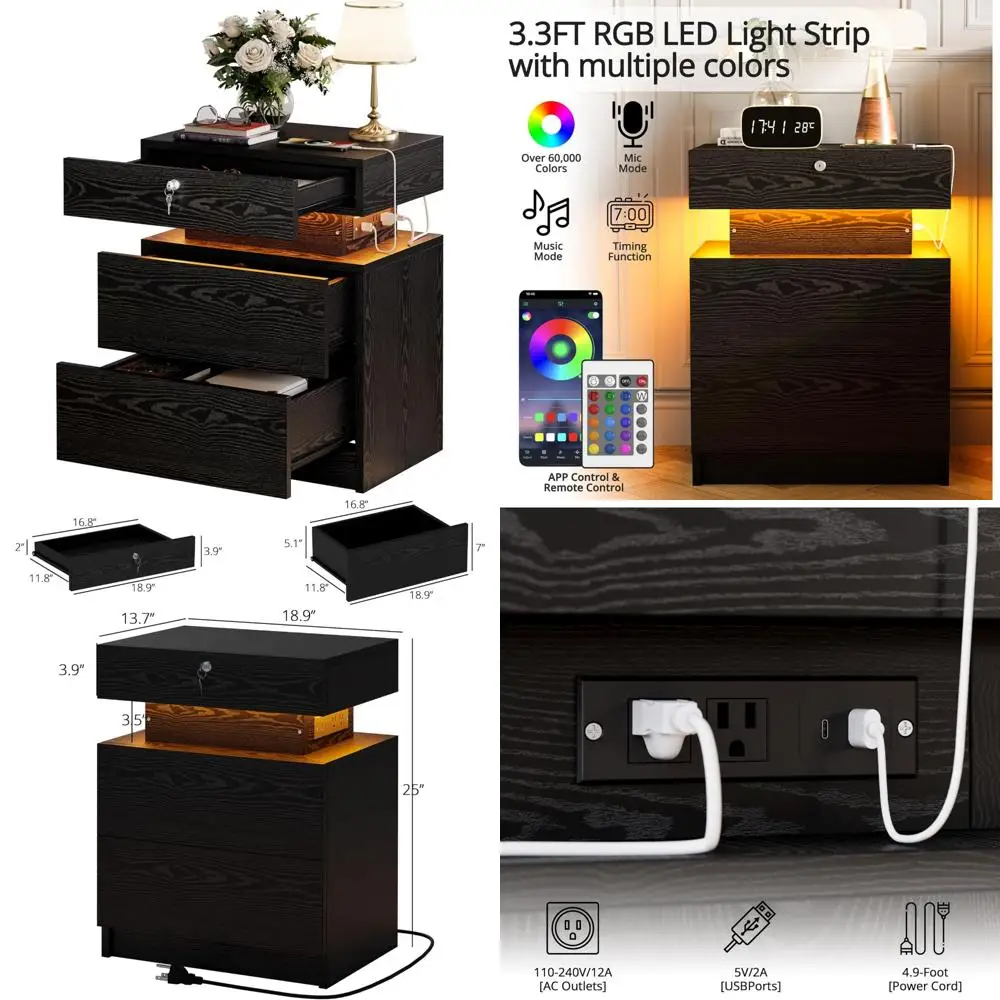 Comodino di ricarica illuminato a LED con contenitore, comodino con serratura a 3 cassetti, porte USB, dimensioni medie