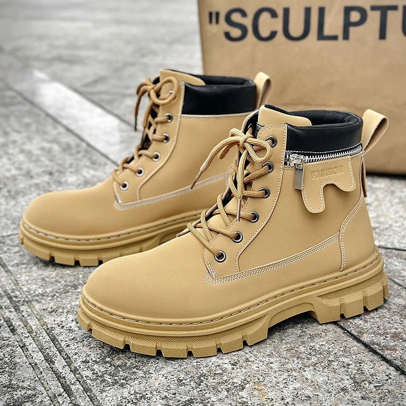 

Classic Fashion khaki Work Boots Men Women High-quality Leather Ankle Boots Big Size Men Lace-up Platform Boots Botas Hombre