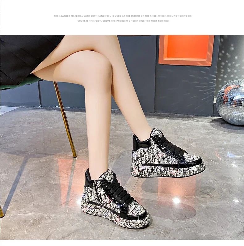 Women's Full Diamond Platform Sneakers Personalized Water Diamond Colored Embroidery Casual Shoes High Top Luxury Sports Shoes