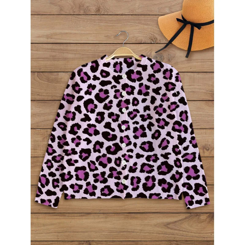 

Purple Elegant Leopard Print Women's Sweater Cardigan Thickened Loose Round Neck Long Sleeve Button Autumn Winter Outdoor