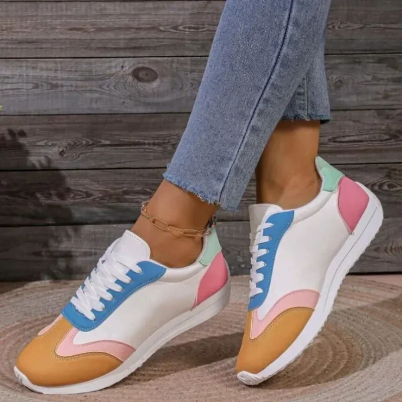 Outono feminino plana casual sapatos confortáveis moda cor combinando rendas até andando tênis macio respirável correndo mocassins