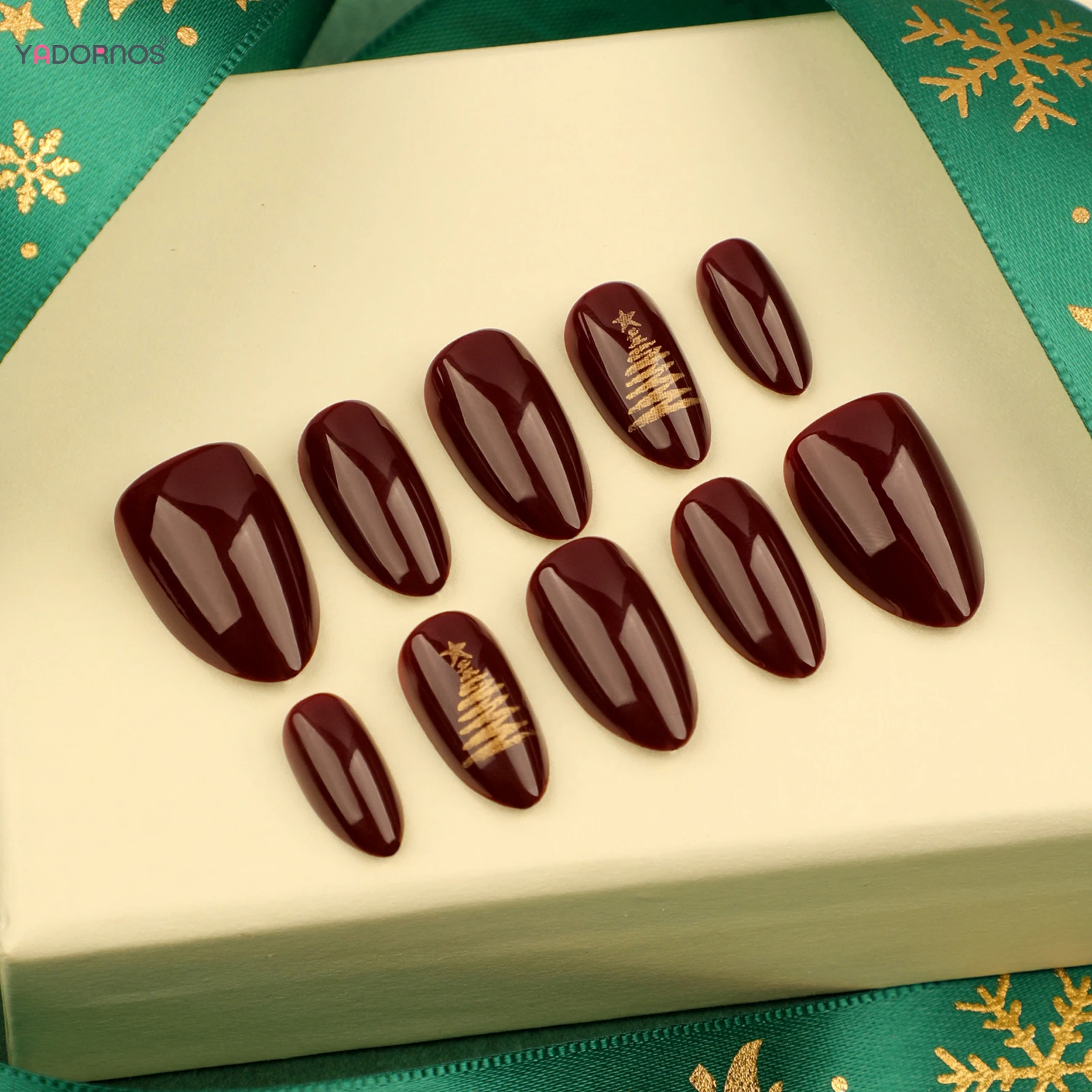 24Pcs Cherry Red Almond False Nails Gold Xmas Tree Printed Reusable Press on Nails Simple Charms Manicure for Women and Girls