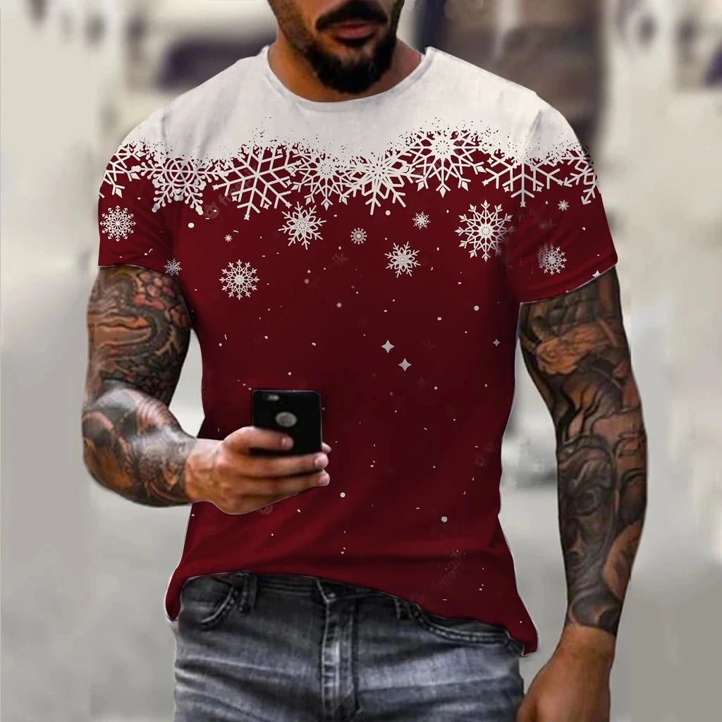 Carnival Party Hip Hop Men\'s Christmas Elf Santa Claus Printed T-shirt Fashion Trend Round Neck Loose Street Party Men\'s Round N