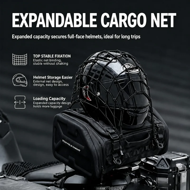 Motorcycle Rear Seat Bag Expandable Tail Bag Touring Storage Pack Rear Passenger Seat Travel Bag with Cargo Net