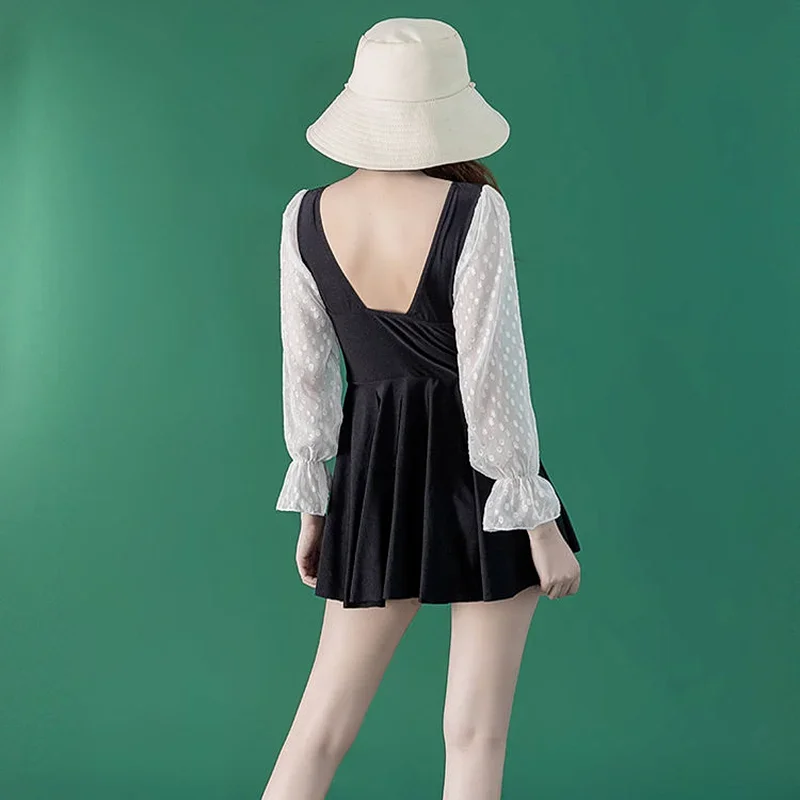 Cover-up Women New Mesh Patchwork Black Flare Sleeve Pareos Playa Summer Swimwear Retro French Style Princess Chic Holiday Lady