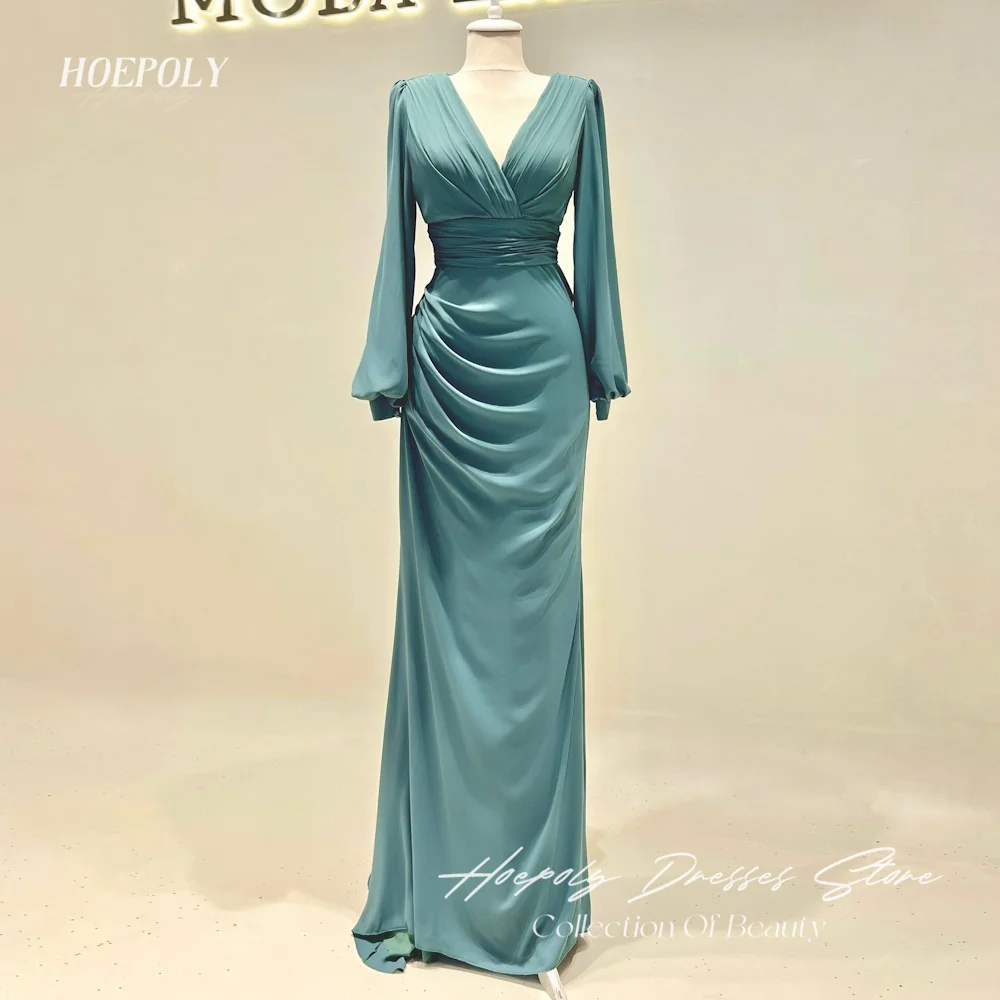 

Hoepoly Satin Mermaid V-neck Ruffle Arab Prom Gown Floor-length Saudi Elegant Formal Evening Party Dress for Women 2023