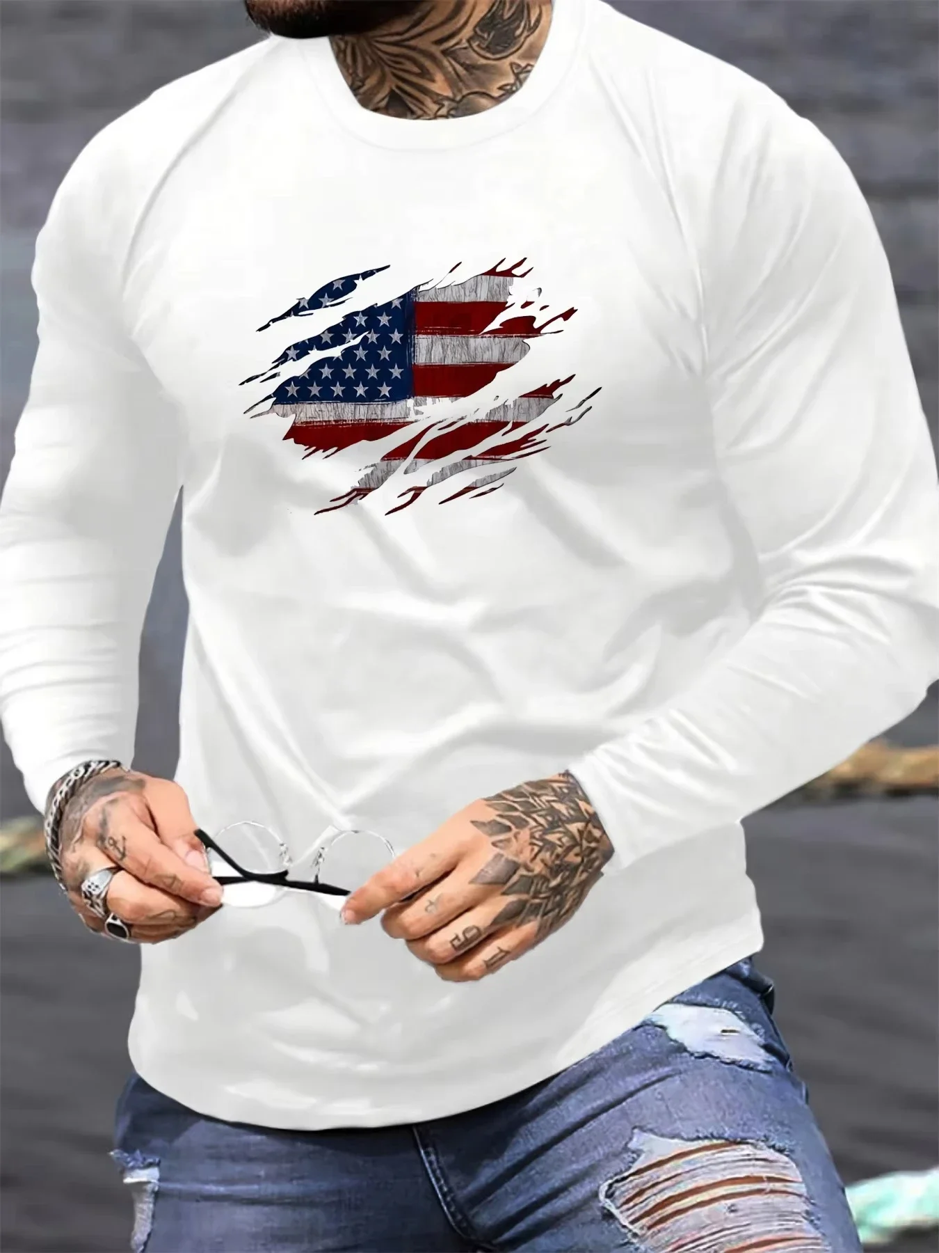 

2025 Men's Spring and Autumn 100_ Cotton Comfortable Casual American Flag Pattern Printed Round Neck Long Sleeve T-shirt Top