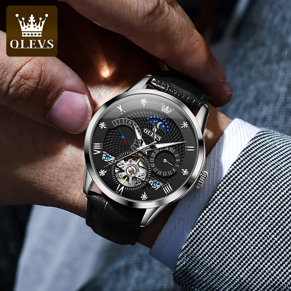 OLEVS 6652 ساعات للرجال الجوف القمر المرحلة التقويم القمر المرحلة مضيئة الهيكل العظمي دولاب الموازنة التلقائي الميكانيكية ساعات رجالية
