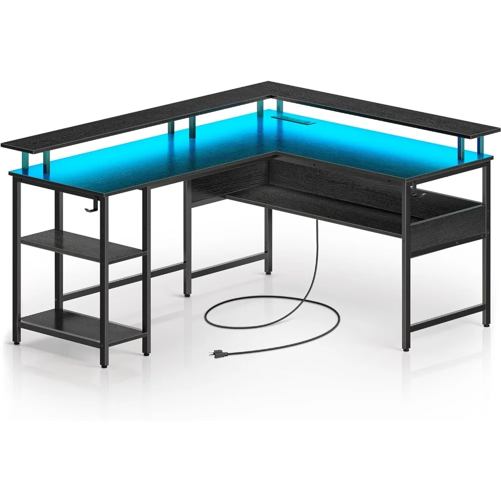 

Office Desks L Shaped 59.4" with LED Lights and Power Outlets, Reversible L Shaped with Monitor Stand,Office Desks